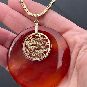 Auspicious Huge Carnelian & Gold Plated Dragon Pendant on OG Monet Chain